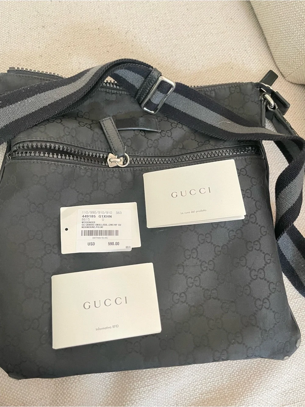 Gucci Black Monogram Crossbody Messenger Bag with Striped Strap